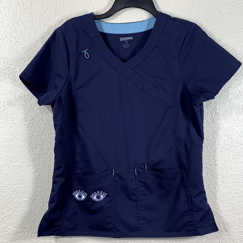 Scrubstar Nurse Scrubs Top Blouse Navy Blue S Embroidered Eyes S